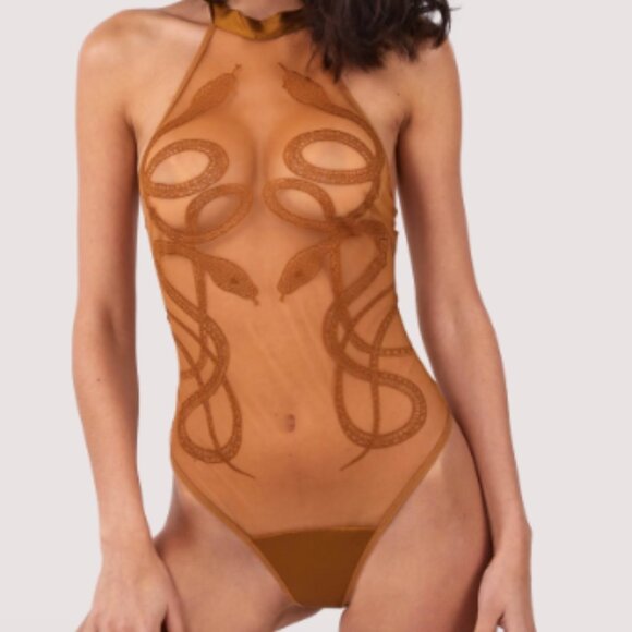 Thistle and Spire RARE LIQUID GOLD MEDUSA bodysuit sheer front snake embroidery - Picture 2 of 4